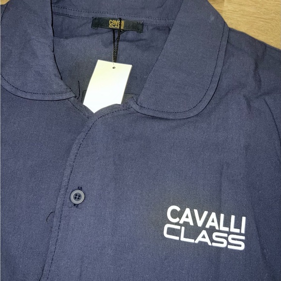 NWT Cavalli Class Roberto Button Down Pajama Shirt Logo Blue Size Large - Picture 2 of 4